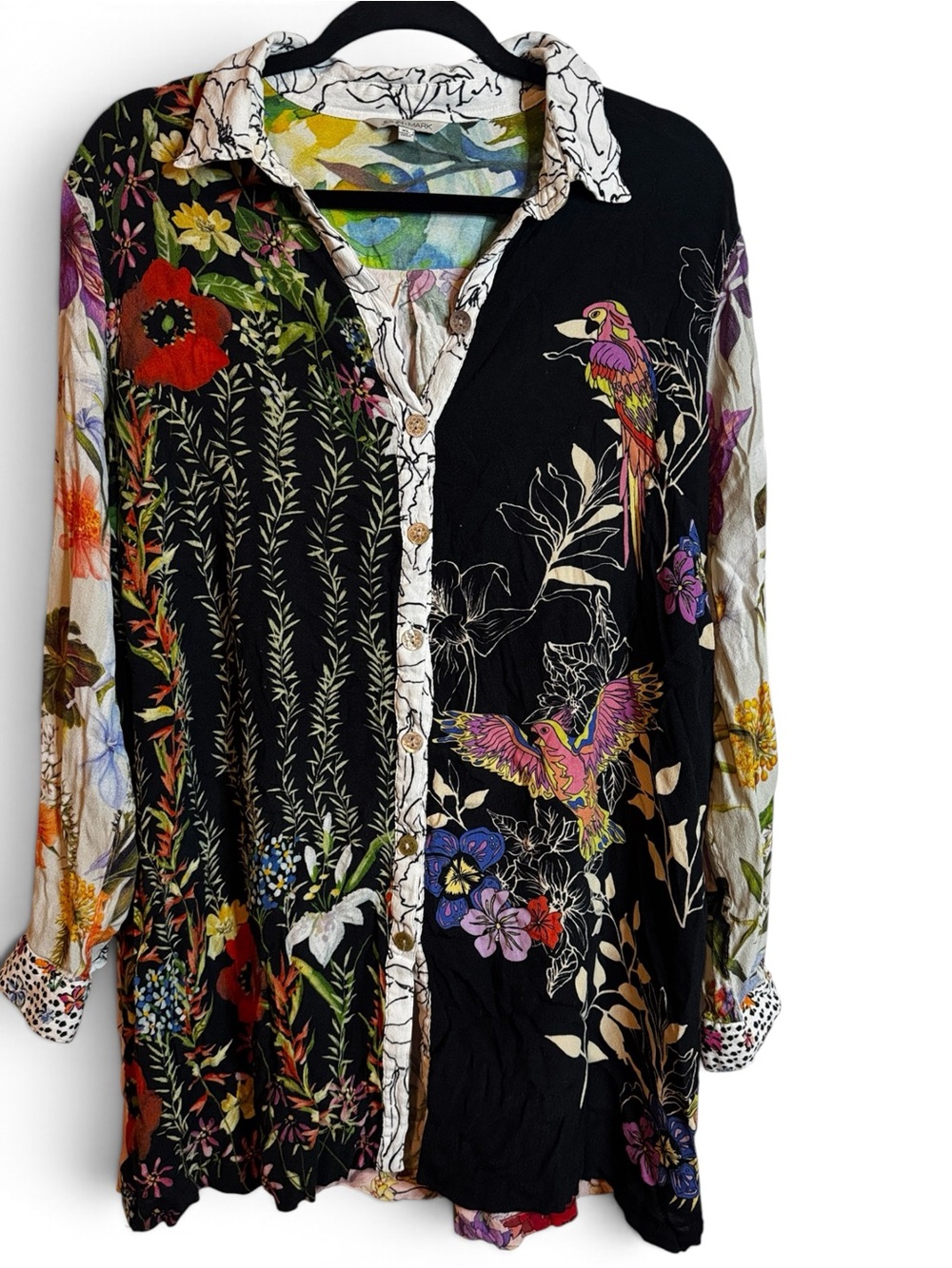 John Mark Blouse Womens XL Black Floral Bird Mixed Print Button Front Tunic Boho
